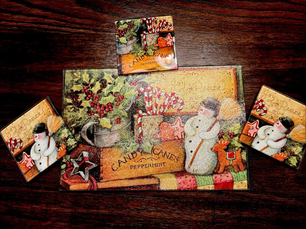 Happy Holidays Collection Christmas 4Piece. Cutting Board & 3 Coaster Set