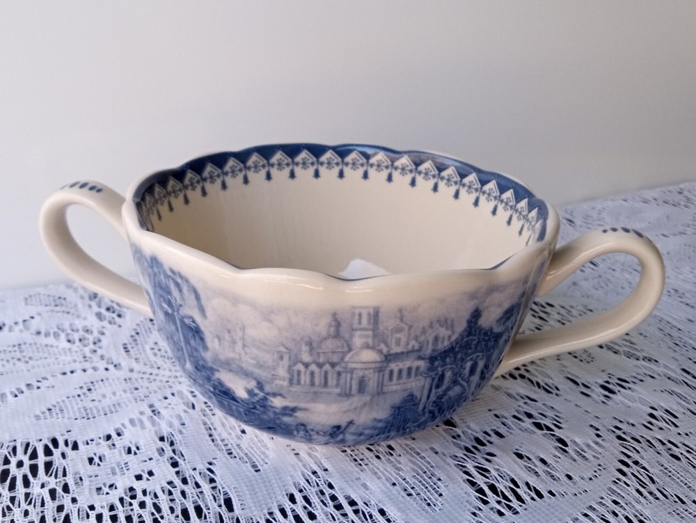 Blue Transferware Soup Bowl Castle Double Rampant Lion Shield Crown Mark English
