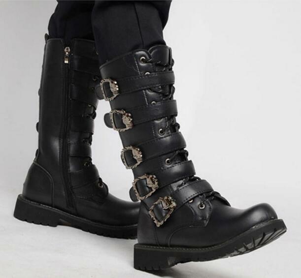 Men Black Punk Rock Military Combat Boots Mid Calf Riding Shoes