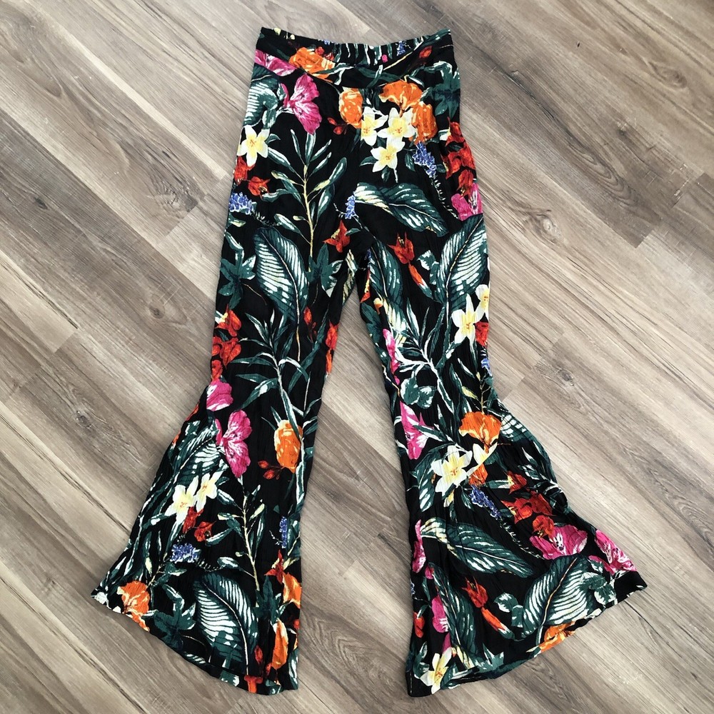 Life Style Black Floral Print Flare Pants Women Size  XL NWT