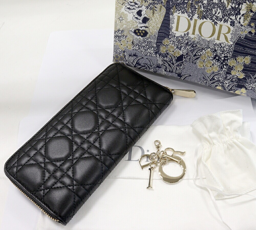 DIOR Cannage Leather Zipper Wallet Black with Box Pouch Charm