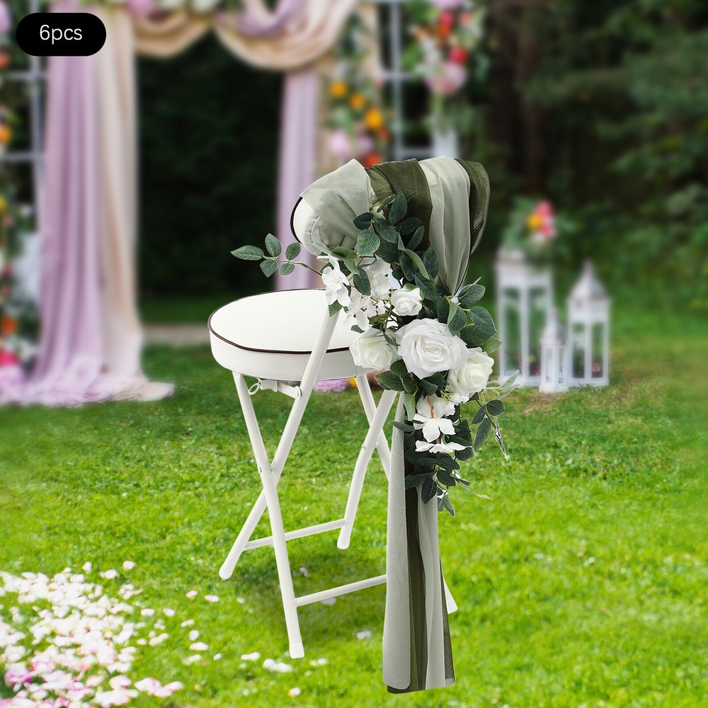 6PCS Artificial Flower with Fabric Green Ribbon Chair Cover Wedding Party Decor