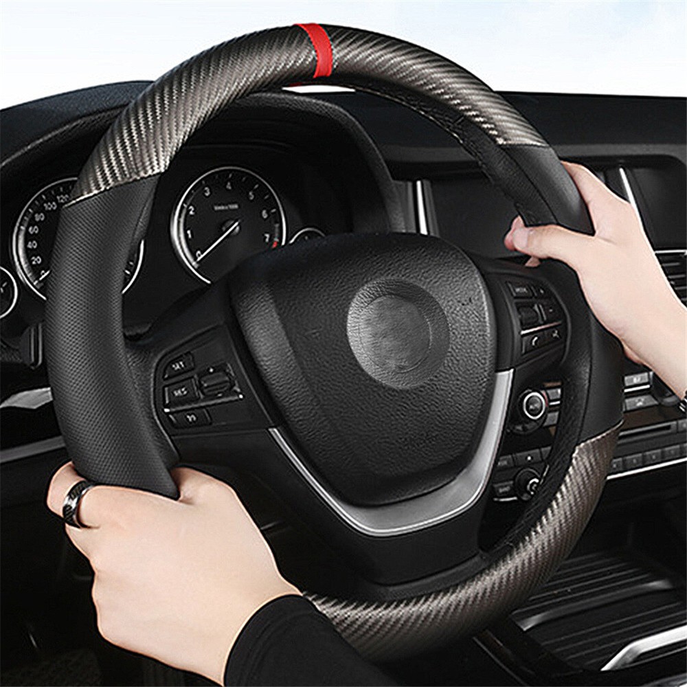 Carbon Fiber Black Leather Car Steering Wheel Cover Anti slip Car Accessories US