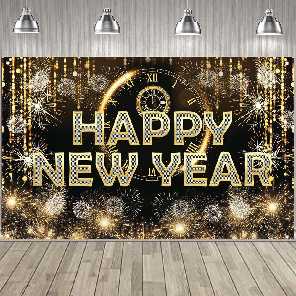 HAPPY NEW YEAR Hanging Extra Large Fabric Sign Poster Black Background Banner wi