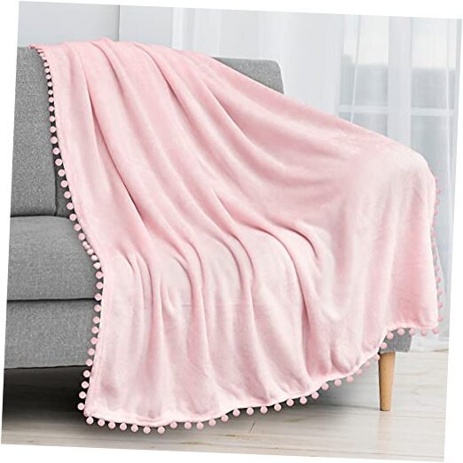 Soft Light Pink Fleece Pom Pom Throw Blanket 50x60 for Cozy Couch Comfort