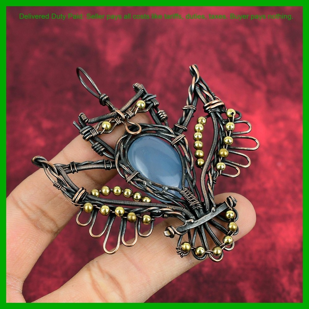 Cyber Monday Sale Copper March Aquamarine Stone Wire Wrapped Owl Pendant Jewelry-image