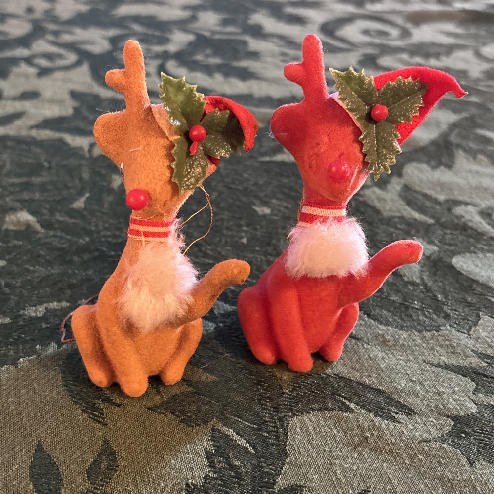 Lot of 2 Vintage Flocked Reindeer Ornament Red Cream Tan Sitting Hoof Up MCM