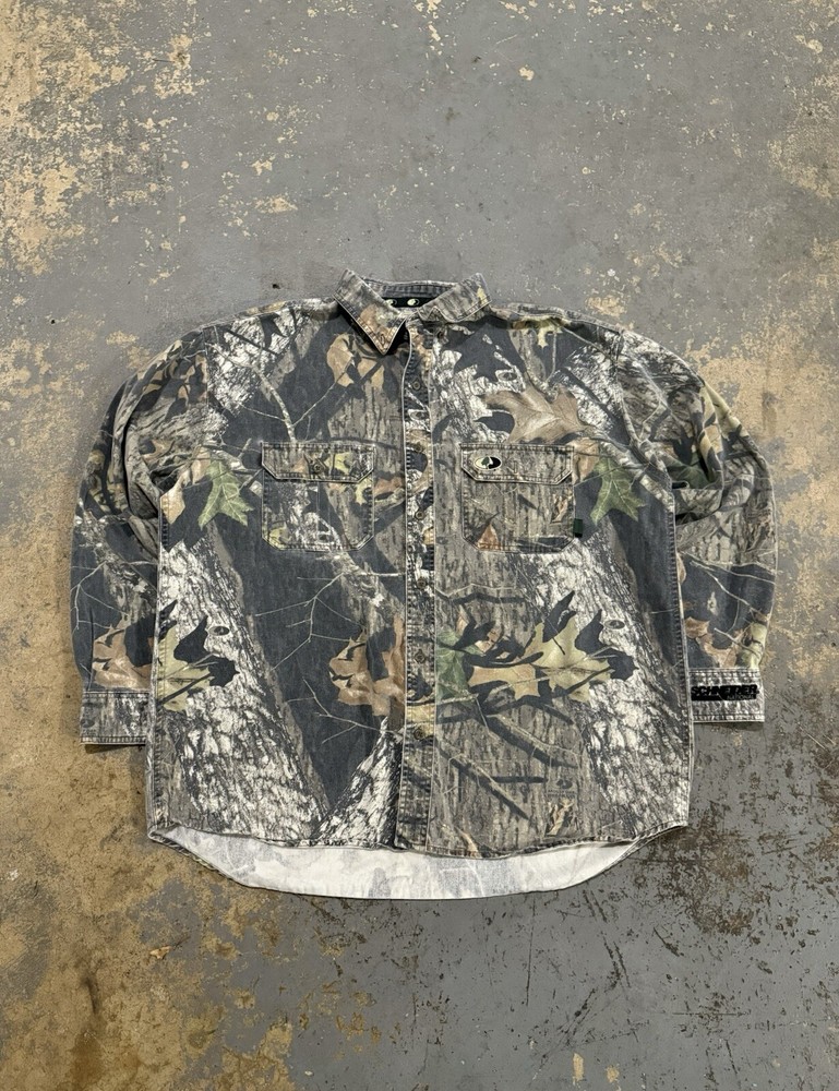 Vintage Real Tree Camo Mossy Oak Apparel Button Up Long Sleeve Shirt-Size XL
