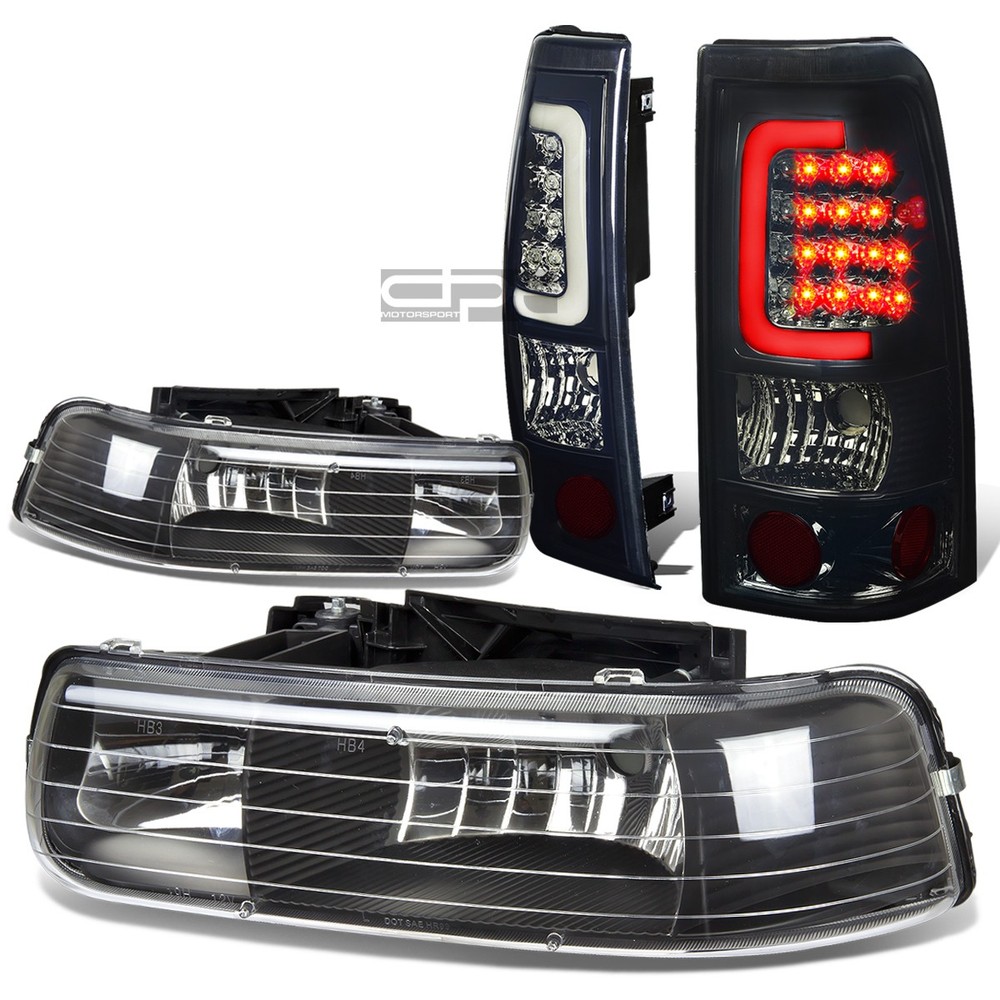 99-02 Silverado Black Crystal Headlight & Chrome Smoked 3D LED Tail Lights  