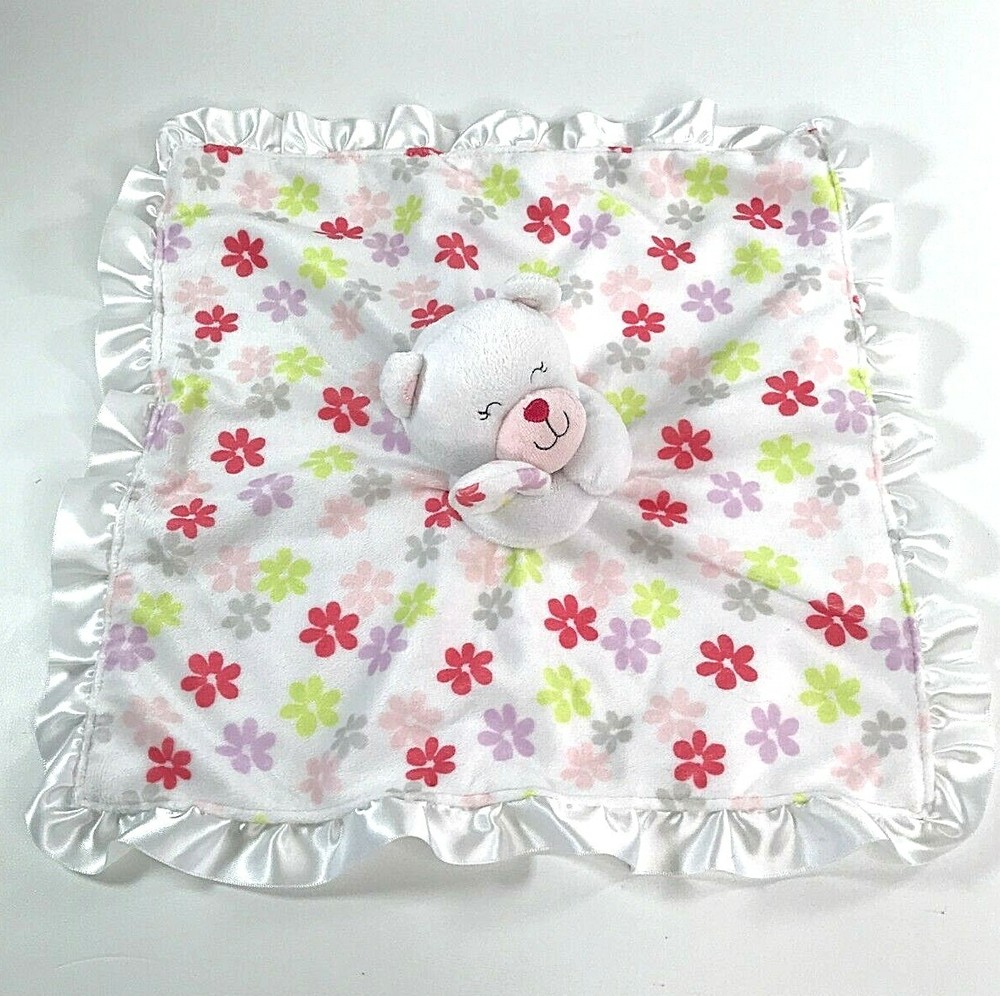 Carters White Teddy Bear Flowers Floral Security Blanket Lovey Blankie Rattle