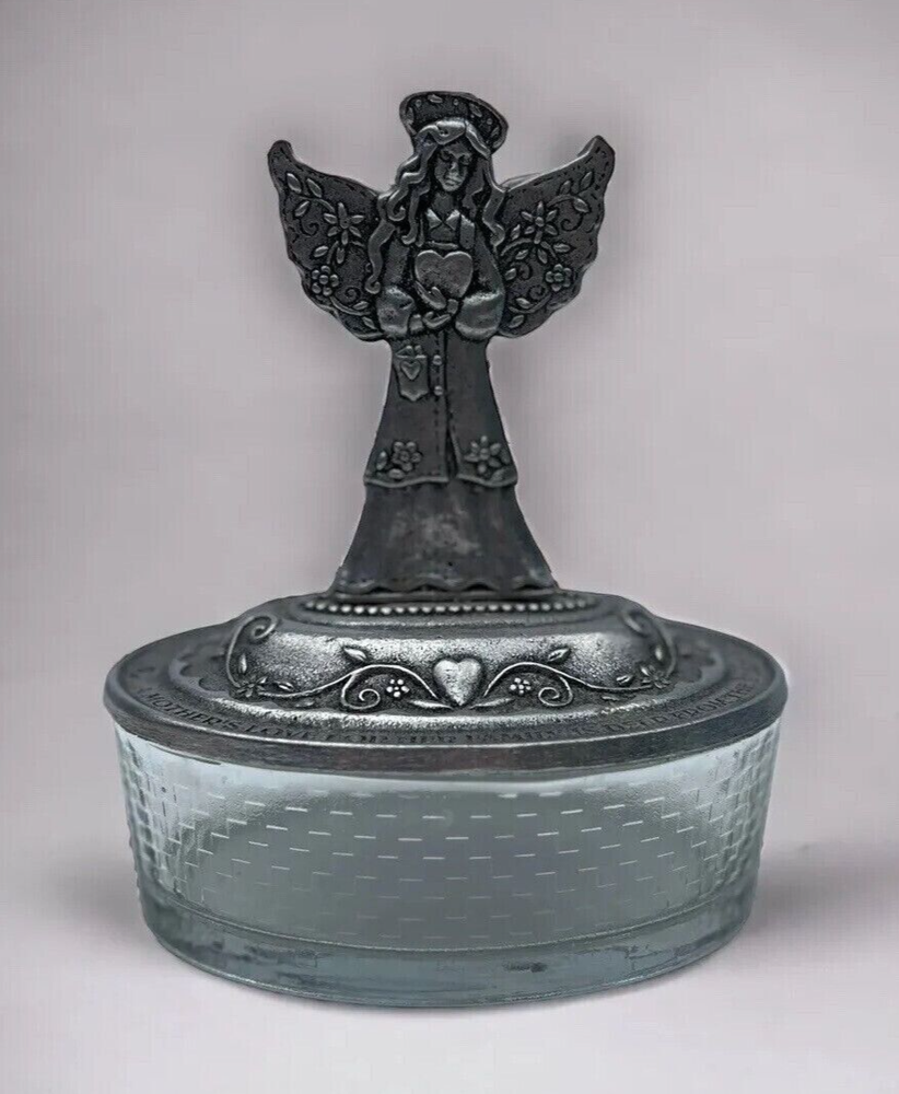 Vintage Jewlery Trinket Box Oval Pewter Angel Lid Glass Oval Bowl 2002 Carson