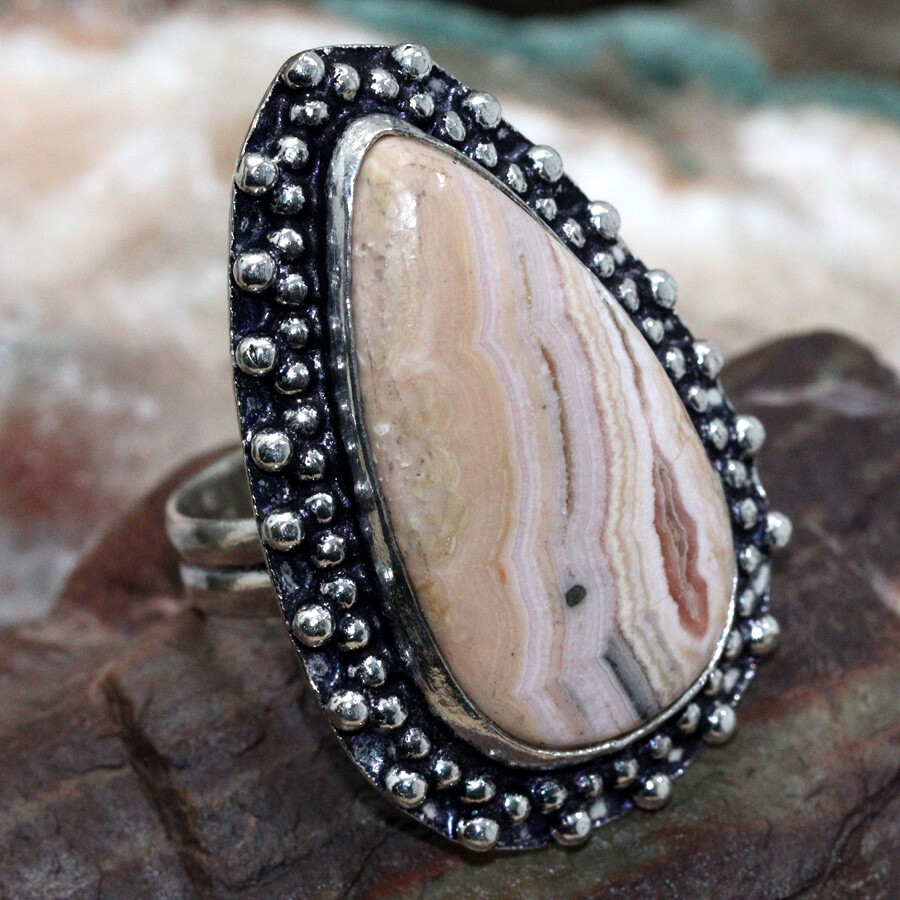 925 Silver Plated Pyrite Rhodochrosite Ethnic Ring US Size 8 Jewelry