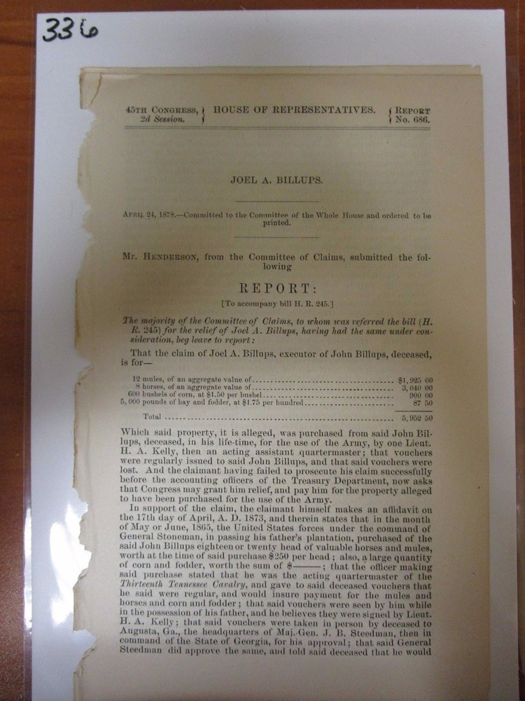 Government Report 1878 Joel A Billups monetary relief property vouchers #336-image