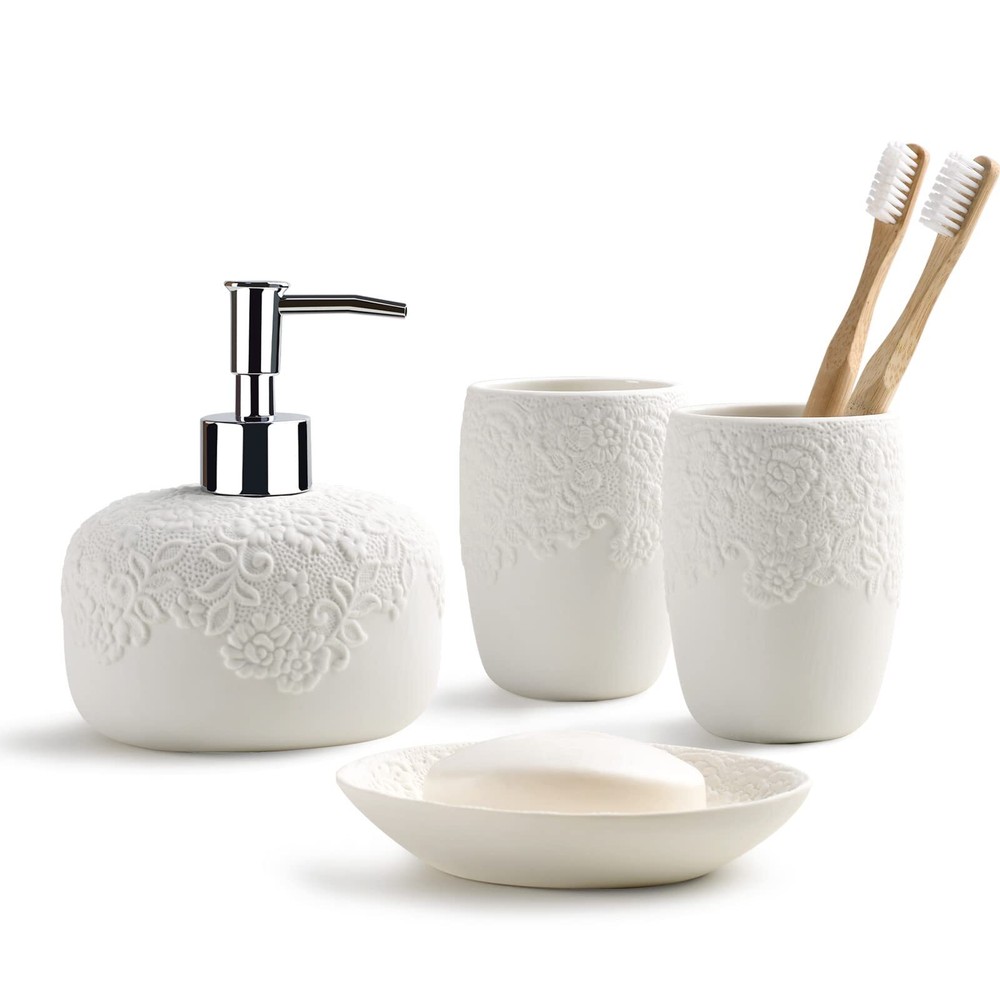 Bathroom Accessories Set With Embossed Design 4pcs Ceramic White Bathroom Access