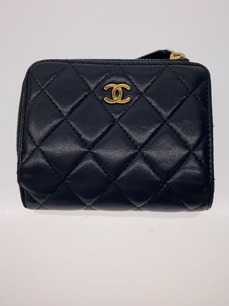 CHANEL Tri-Fold Compact Wallet Matelassé Gold CC Black Leather F/S Pre-Loved