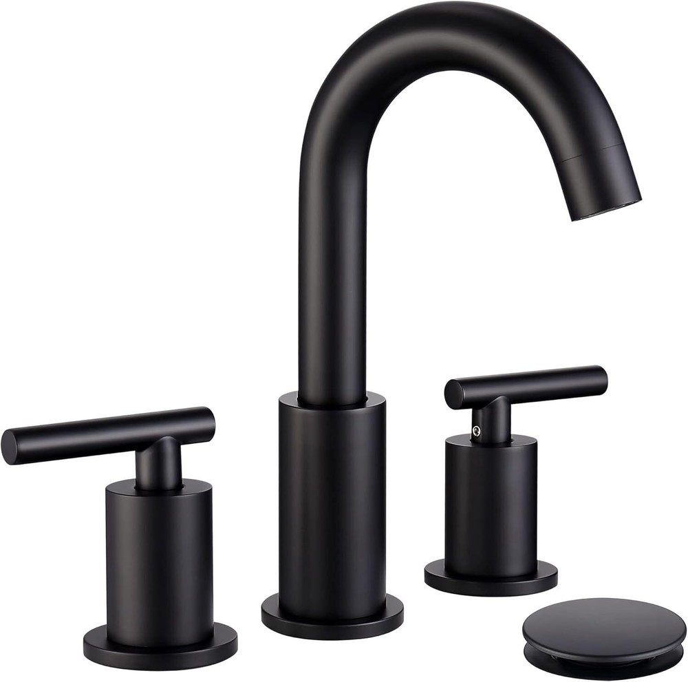 Bathroom Faucet Black with Pop Up Drain and Supply Hose, 8 Inch 2 Handles 3 Hole