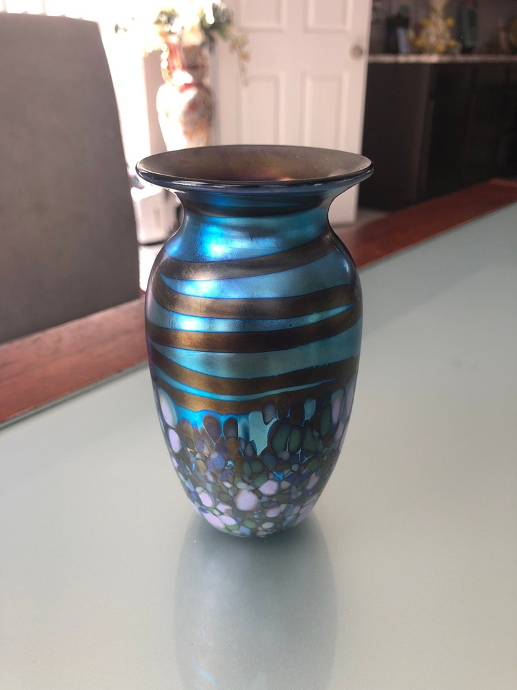 Unique Elaine Hyde Confetti Bud Vase Iridescent Glass Handblown Signed 1997