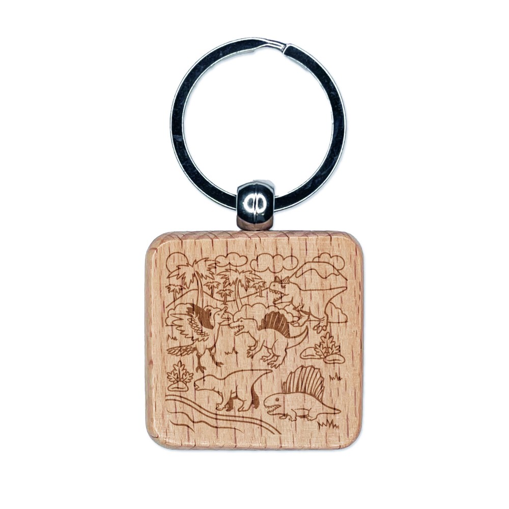 Dinosaurs Landscape Engraved Wood Square Keychain Tag Charm