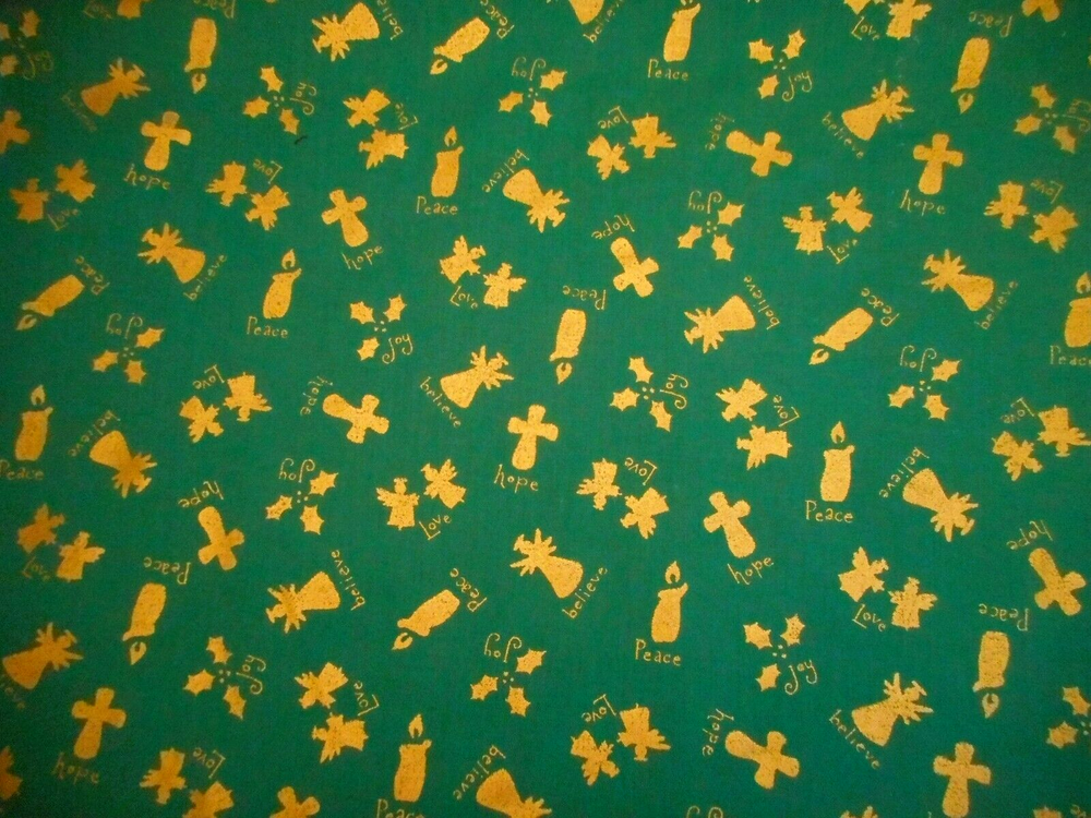 Christmas Fabric 1 3/8 Yard Metallic Gold Angel Cross Faith Green Cotton #6 Vtg