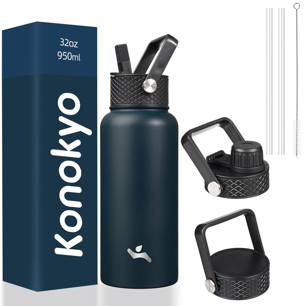 Insulated Water Bottle 32oz Stainless Steel Water Bottles With 3 Lids,Navy Blue
