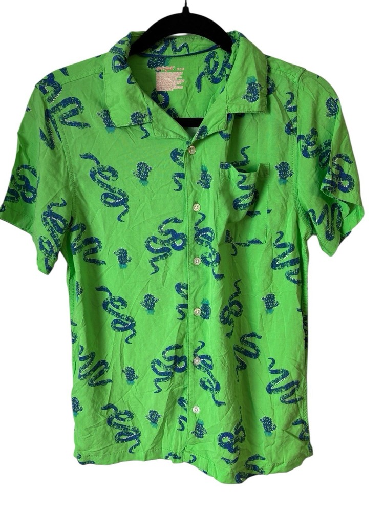 Cat And Jack Boys Size 14 XL Button Down Shirt Lime Green Blue Snakes And Cactus