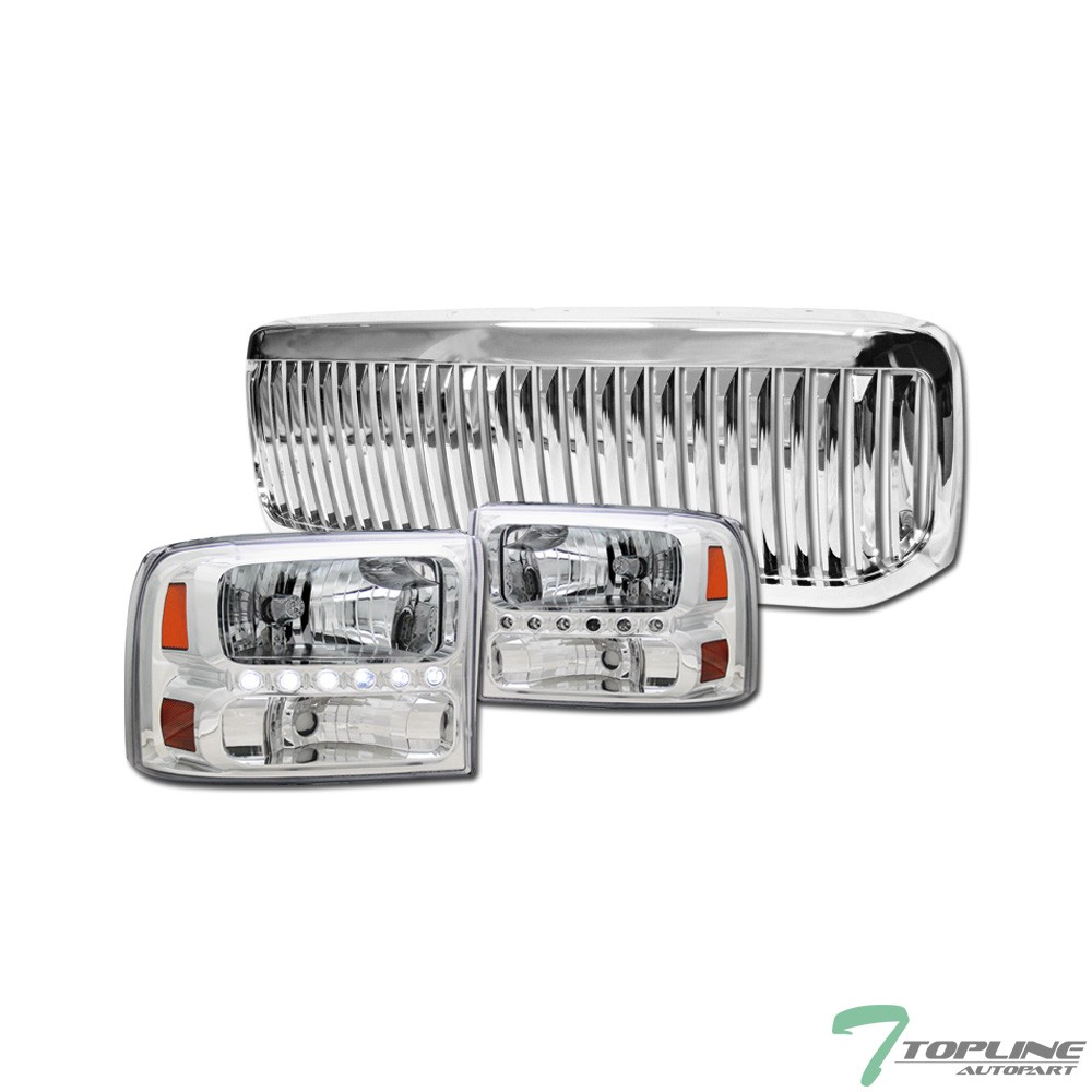 1999-2004 F250 Chrome LED Headlights with Amber DRL and Black Vertical Grille