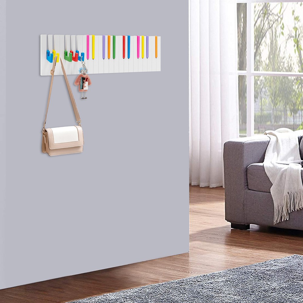 Piano-Shaped Wall Hook Coat Rack with 16 Multicolor Towel Hooks