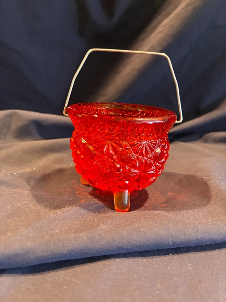 Vintage Orange Carnival Glass FENTON Small Kettle Wire Handle Buttons & Daisies
