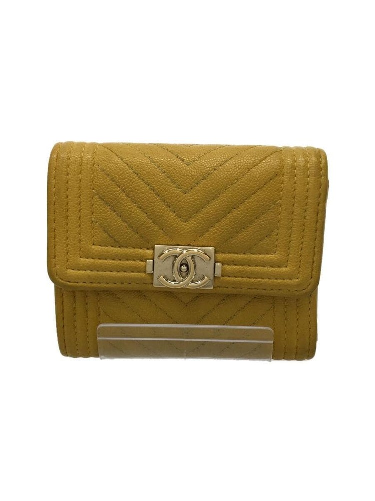 CHANEL Boy Chevron Caviar Leather Compact Wallet Yellow Pre-Owned V-Stitch