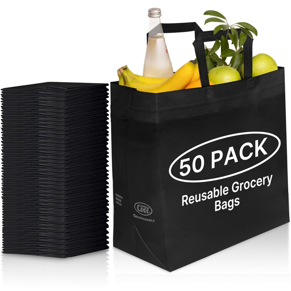 Eco-Friendly Large Black Reusable Grocery Shopping Bags Pack of 50