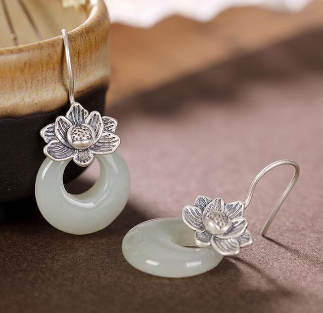 White Jade Lotus Donut Earrings Silver Plated Elegant Jewelry