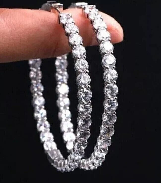 3 Carat Round Cut Simulated Diamond Hoop In Out Earrings 14k White Gold Plated