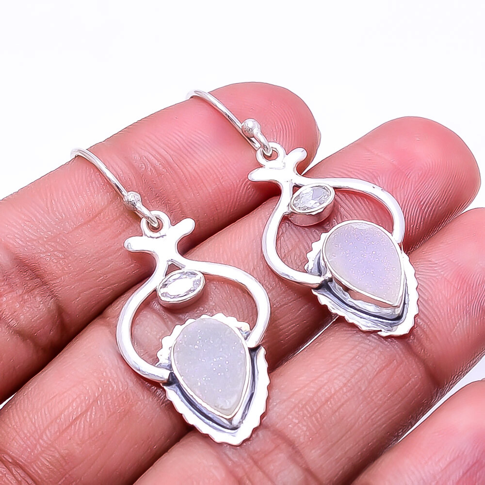 White Agate Drusy - Botswana 925 Sterling Silver Earring 1.72