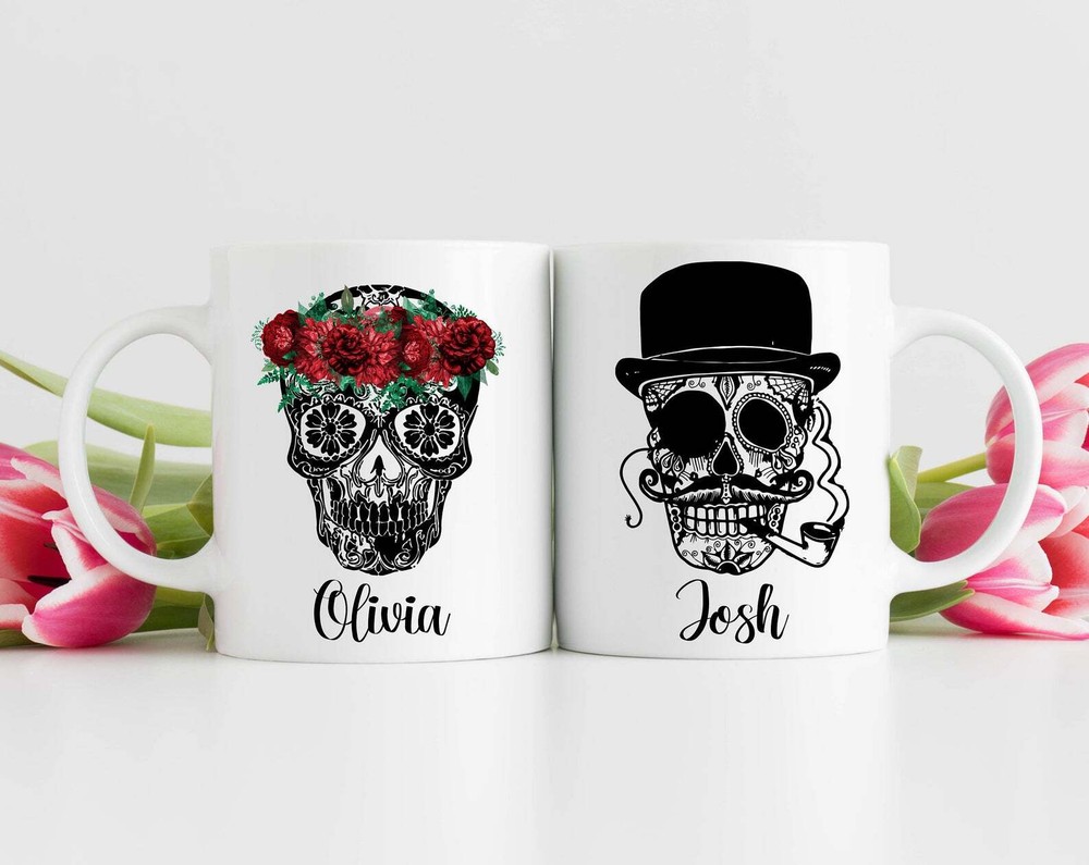 Skull Coffee Mug Personalised Couple Mugs Sugar Skull Mug Candy Skull Flower
