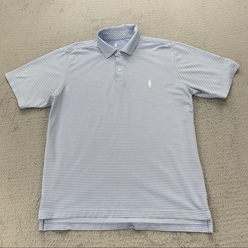 F&G TECH Polo Shirt Mens Medium Blue White Striped Golf Performance Advisor