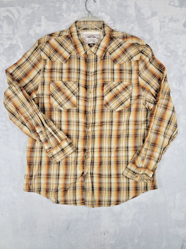 Levis Western Shirt XL Pearl Snap Gray Plaid Long Sleeve Authentic Jeanswear