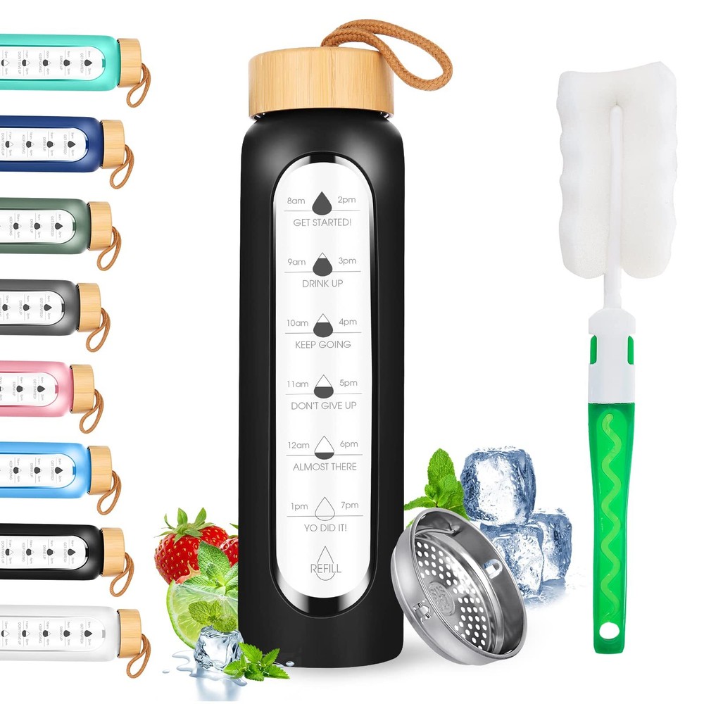 32 Oz Borosilicate Glass Water Bottle with Times to Drink | BPA Free - Reusab...