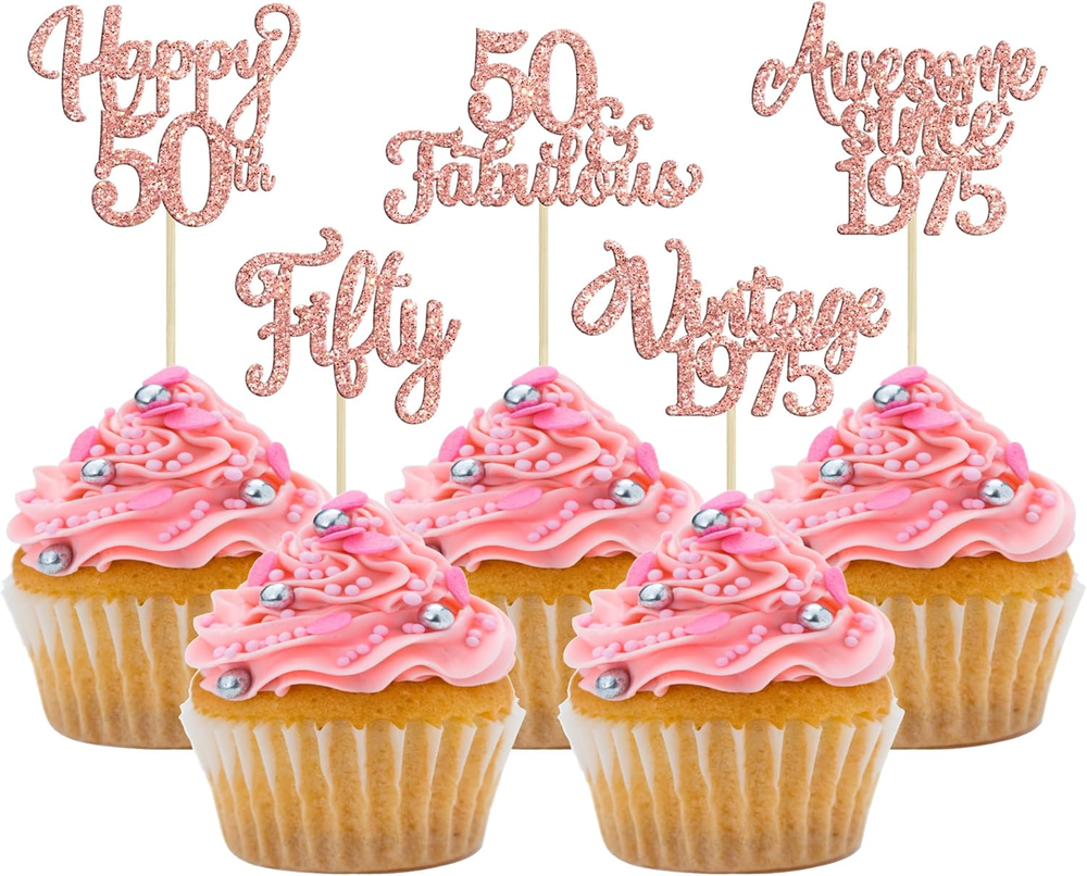 30Pcs Vintage 1975 Glitter Cupcake Toppers for 50th Birthday Celebrations