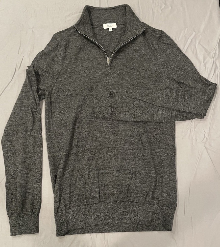 REISS Men's L Charcoal Grey Merino Wool Knit Quarter Zip Blackhall Pullover