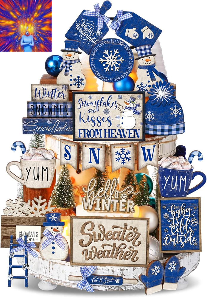 23 Pcs Christmas Winter Tiered Tray Decor Snowman Farmhouse Decor Blue Christmas
