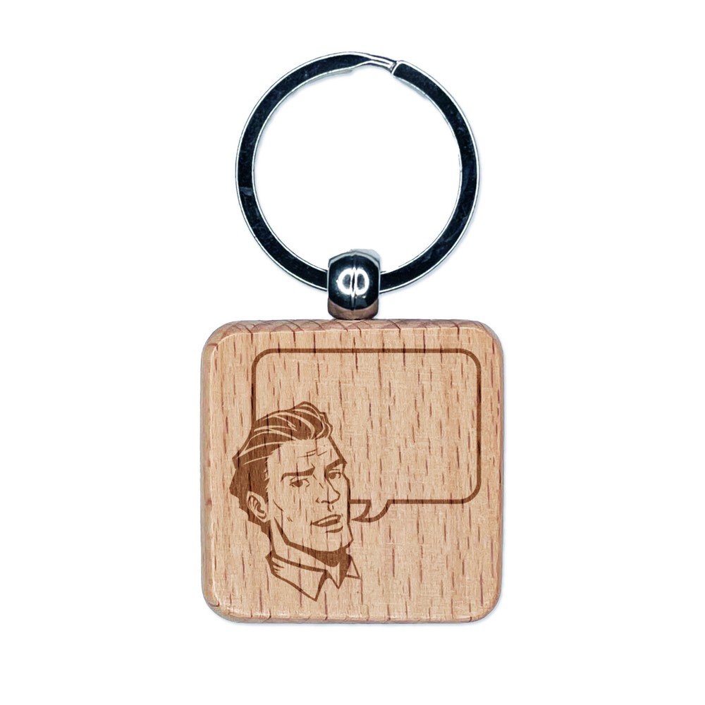 Engraved Wood Comic Man Speech Bubble Keychain