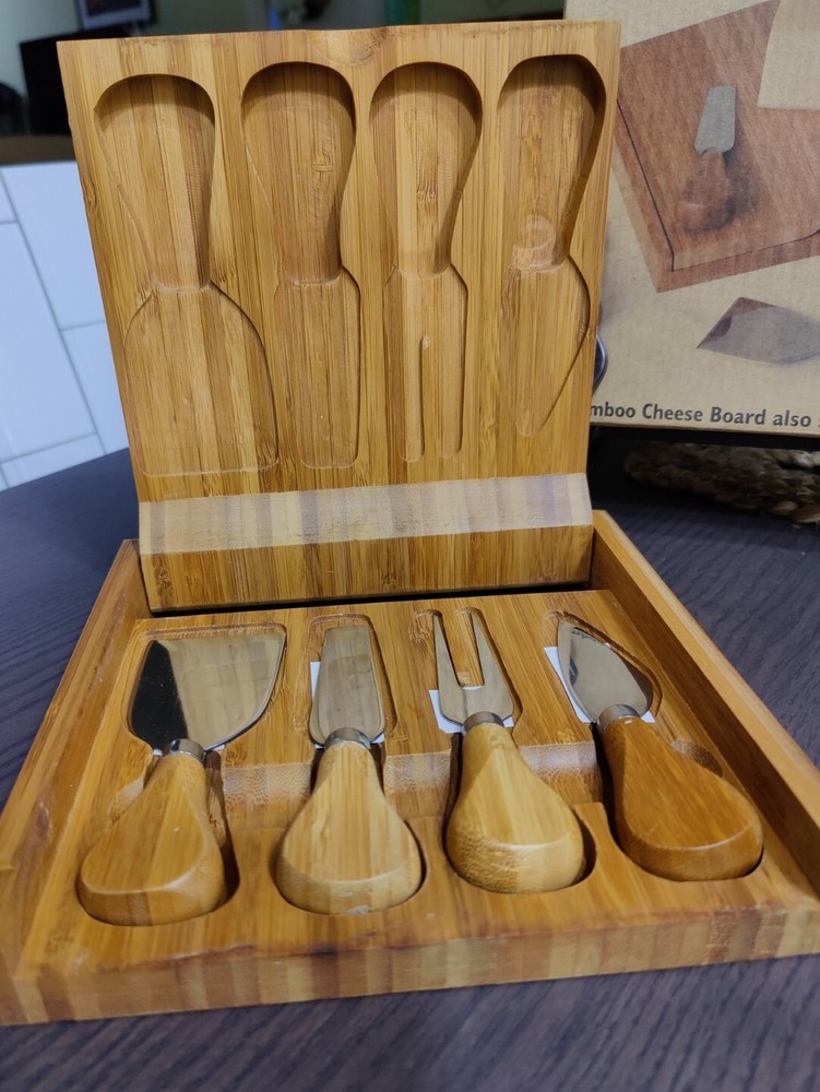 Bamboo Wood Cheese Serving Board Cutting Knives Fork Charcuterie Appetizer Box