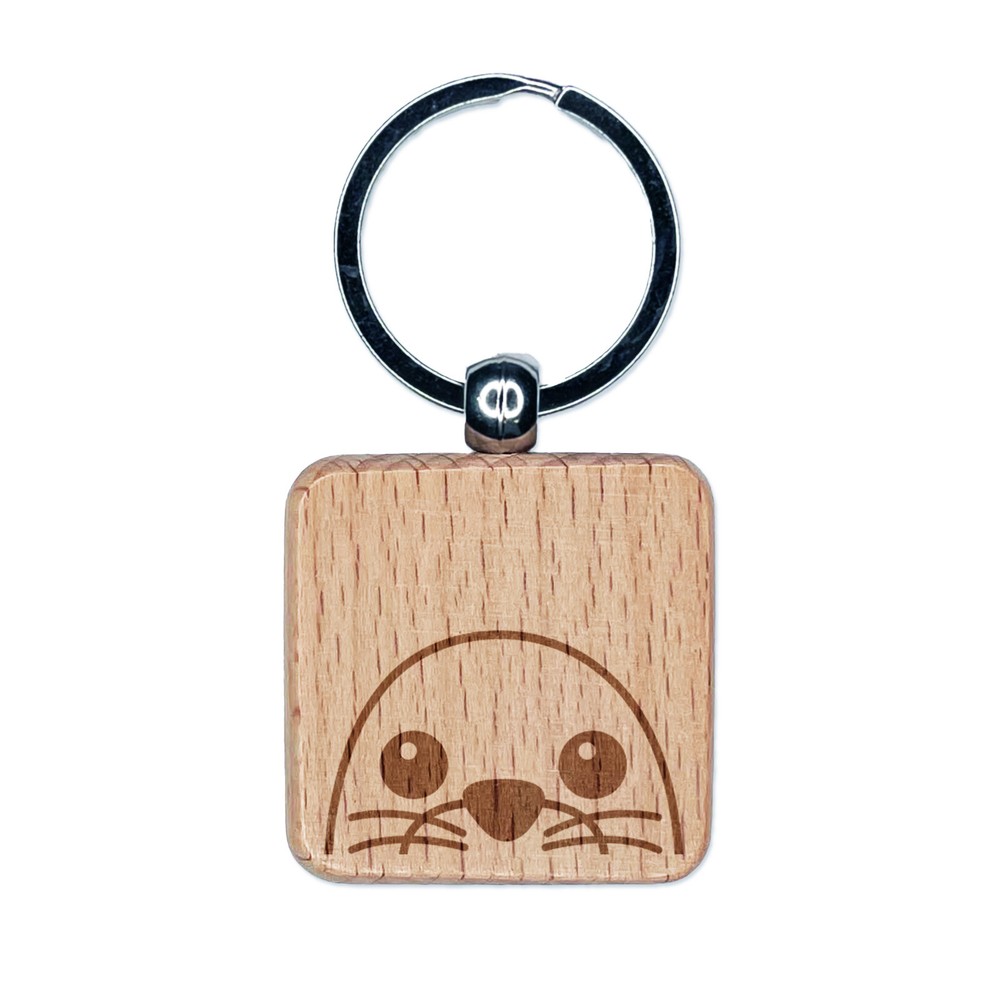 Peeking Seal Engraved Wood Square Keychain Tag Charm
