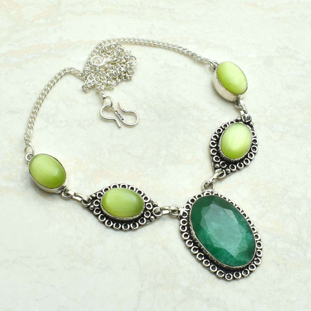 Simulated Emerald Cat Eye Gemstone Handmade Necklace Jewelry 24 Gms AN 61893