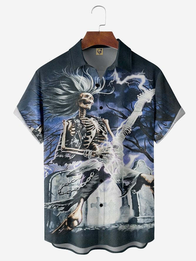 Spooky Music Skull Hawaiian Shirt for Halloween Short Sleeve Chest Pocket