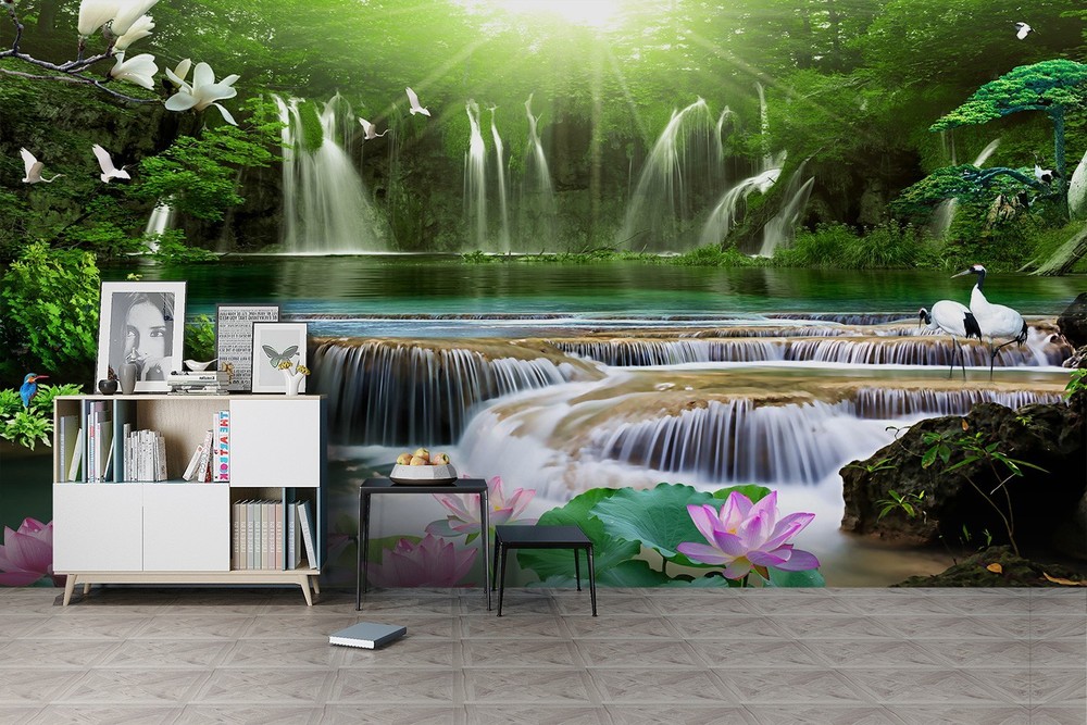 3D Forest Waterfall Sunshine Landscape Wall Murals Wallpaper Murals Wall Sticker