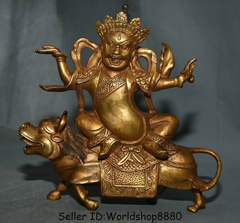 8.4 Inch Copper Gilt Black Jambhala Buddha Riding Beast Tibetan Temple Statue