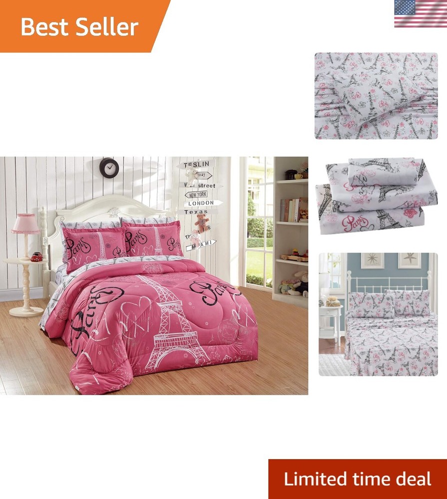 Pink White Black Paris Eiffel Tower Bonjour Design 7 Piece Comforter Bedding ...
