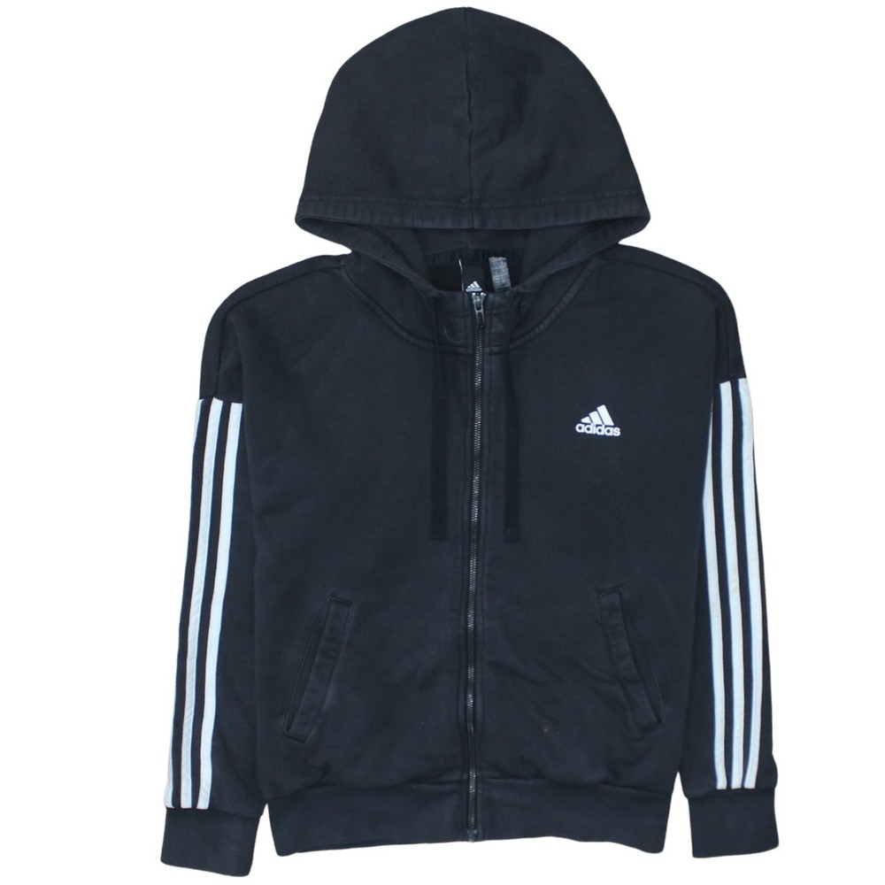 Adidas Womens Hoodie Black Cotton Fleece Full Zip Hooded Striped Logo Pocket M