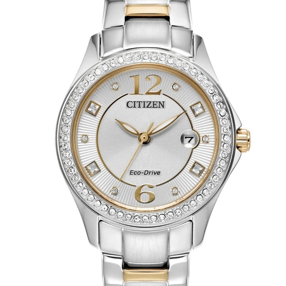 Citizen Ladies Crystal Eco-Drive Silver Dial Two-Tone Watch - FE1146-71A NEW